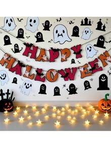 9.84英尺「Happy Halloween」字母橫幅花環－毛氈招牌橫幅附幽靈與蝙蝠，萬聖節派對裝飾橫幅，紙製幽靈橫幅，幽靈木珠花環，壁爐裝飾懸掛橫幅，壁爐架懸掛裝飾品 - 多款 - 查看 5