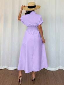 Vestido camisero casual de mujer con botones delanteros, mangas raglán y cintura ajustada - Morado - Ver 2