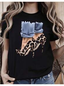 Women's Size T-Shirt, Fashionable, With Graphic Leopard Print, Round Neck, Short Sleeves And Regular Fit For Everyday Wear - 黑色 - 查看 1