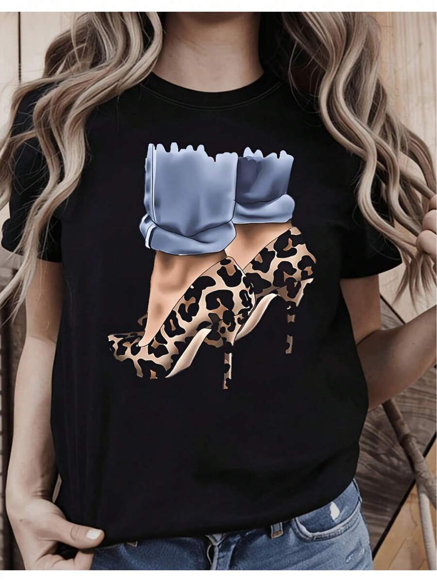 Women's Size T-Shirt, Fashionable, With Graphic Leopard Print, Round Neck, Short Sleeves And Regular Fit For Everyday Wear - 黑色 - 查看 1