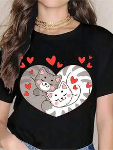 Valentine's Day T-Shirt With A Cat And Heart Design, Featuring A "Meow You" Graphic Print, Perfect For Casual Wear On Valentine's Day And Romantic Occasions. New Summer Arrivals: 100% Cotton Crew Neck T-Shirts. - 黑色 - 查看 11