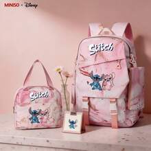 MINISO X Disney Stitch Angel Pink Marble 3Pcs Backpack Set Cute School Bag With Insulated Lunch Box Pencil Case Durable Travel Daypack For Daily Outdoor Trips - Color 1 - View 1