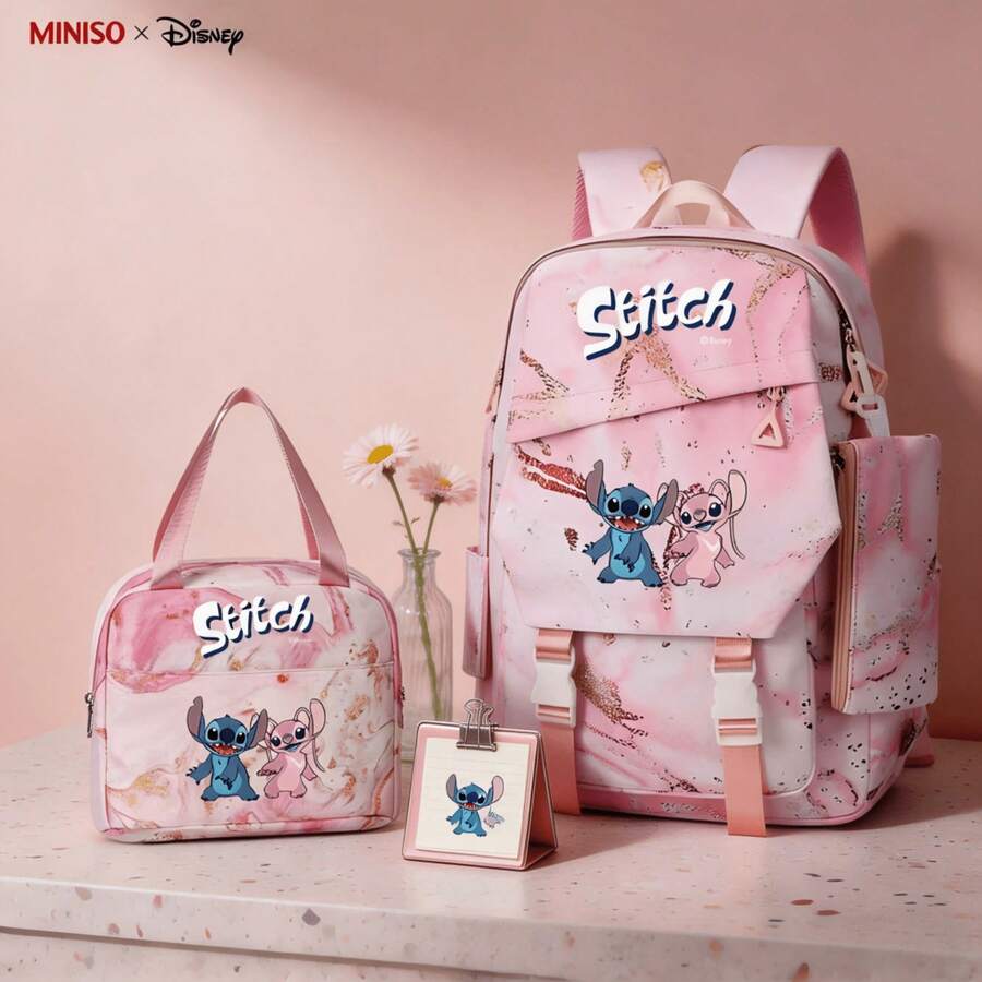MINISO X Disney Stitch Angel Pink Marble 3Pcs Backpack Set Cute School Bag With Insulated Lunch Box Pencil Case Durable Travel Daypack For Daily Outdoor Trips - Color 1 - View 1