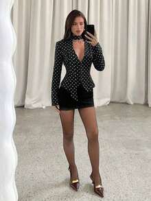 AYYAloruh Blazer elegante de mujer con estampado de lunares para uso diario, otoño, para mujeres, otoño, blazer de mujer, elegante, de vuelta al colegio, para profesoras, de escote en V profundo, ajustado, con cinta independiente, elegante y sencillo, romántico, adecuado para ir al trabajo o citas, con patrón de lunares en blanco y negroAYY - Negro - Ver 3