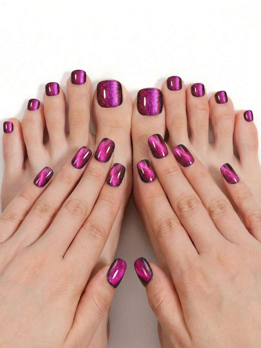 48pcs 48pcs Press On Nails & Toenails Suitable For Beach Parties, Short Square False Nails With Cat Eye, Purple Glitter Tips, Spring Summer Extensions For Hands And Toenails - Lilac Purple - View 1
