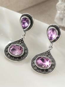 1 par de pendientes con colgante de lágrima vintage, decorados con piedra de circonita sintética púrpura, accesorio elegante para uso diario y festivo para mujeres - Multicolor - Ver 8