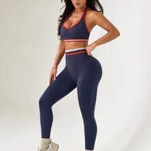 guangzhougaolangshangmao Slayform Conjunto de top de cuello halter de bloques de color y leggings ajustados para mujer, atuendo casual para actividades al aire libre - Azul marino - Ver 9