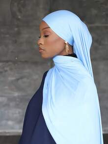 1 pieza Bufanda elegante y casual con flecos de unicolor minimalista para mujer, de tela de punto de viscosa premium, estilo turbante largo, adecuada para la vida diaria, salidas y reuniones - Celeste - Ver 1