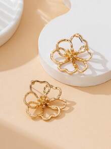 1 Pasang Anting Tusuk Bunga Berongga Garis Emas Gaya Liburan Pantai Musim Panas untuk Wanita - Yellow Gold - View 4