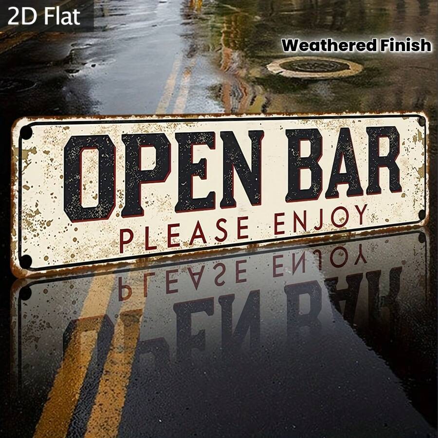 Vintage 2D Flat Aluminum Sign, 1pc - Rustic Style Wall Decor 4x16 Inches (10x40 Cm), Distressed Red & White Text, "Open Bar Please Enjoy" Sign, Suitable For Home, Bar, Cafe, Restaurant - No Electricity Required, Metal Wall Decor, Coffee Theme Sign, Distressed Craftsmanship, 2D Flat Design