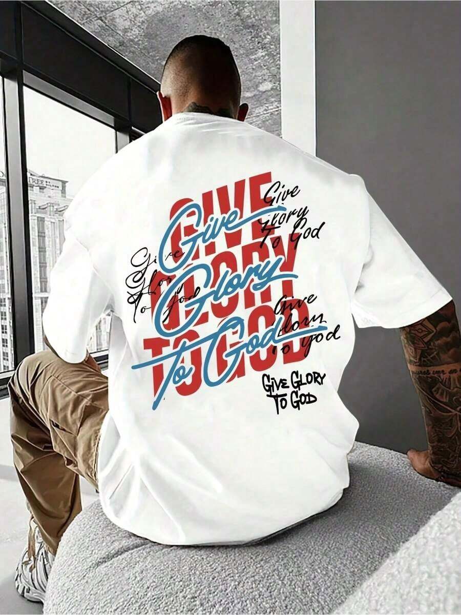 Men's Casual T-Shirt With "Glory To God" Print - Lightweight, Breathable, Crew Neck, Short Sleeve, Suitable For Religious Events And Everyday Wear - Machine Washable Streetwear Style T-Shirt - 黑色 - 查看 1