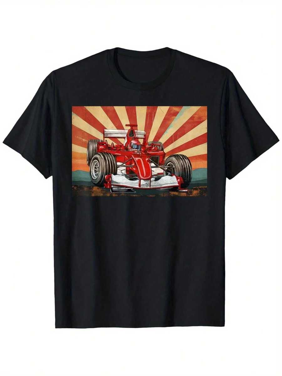 Camiseta 100% con diseño vintage de carreras de fórmula, de manga corta y cuello redondo para hombre, transpirable y casual, ideal para primavera y verano, regalo perfecto para las vacaciones. - Negro - Ver 1