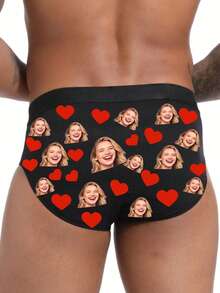 1pc Personalized Men's Underwear With Custom Face Photo And Text Print, Funny Novelty Gift, Valentine's Day Summer Beach Wear - Black - View 2