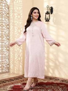 Schwer besticktes arabisches Damen-Sommerkleid in Große Größen, rosa, elegant, JALABIA mit gekerbtem V-Ausschnitt, lässiges Sommer-Urlaubsoutfit - Pink - Übersicht 7
