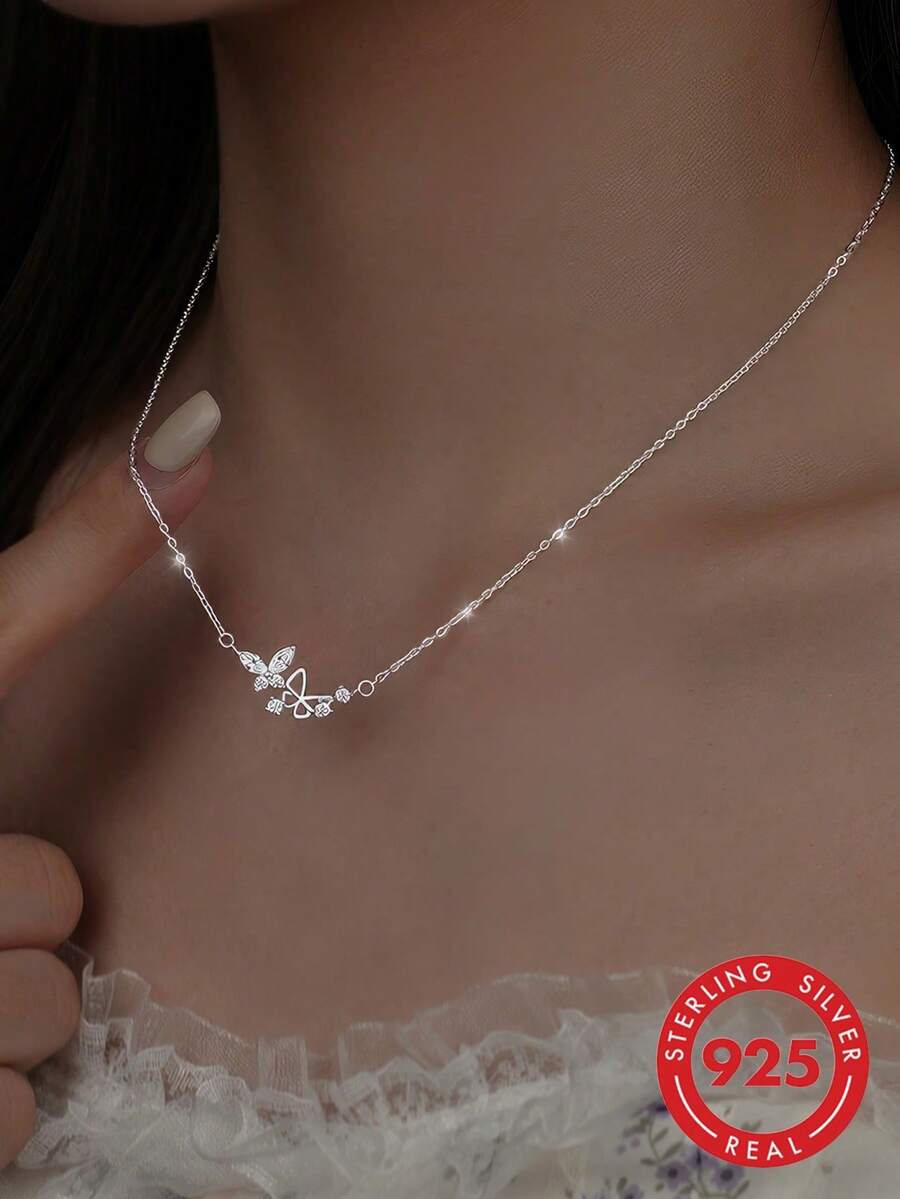 ELSEDES 1 Miếng Sành điệu Và S925 Bạc nguyên chất Thủ công Hình bướm Vòng cổ mặt dây chuyền Với Sáng bóng Đá quý , Hoàn hảo Đối với Của phụ nữ Mỗi ngày Mặc , Buổi tiệc Và Ngày kỷ niệm Lễ cưới Hôn ước Trang sức cô dâu - Bạc - Xem 1