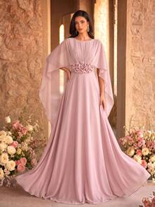 SUPGIR Đầm dạ hội nữ màu hồng bồng bềnh, cổ tròn, hở lưng, tay bồng, thêu hoa 3D thủ công, thích hợp cho đám cưới, tiệc tùng, dạ tiệc mùa xuân thanh lịch. - Hồng - Xem 1