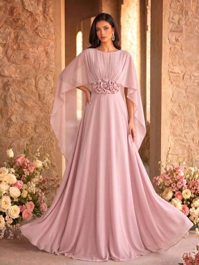 SUPGIR Đầm dạ hội nữ màu hồng bồng bềnh, cổ tròn, hở lưng, tay bồng, thêu hoa 3D thủ công, thích hợp cho đám cưới, tiệc tùng, dạ tiệc mùa xuân thanh lịch.