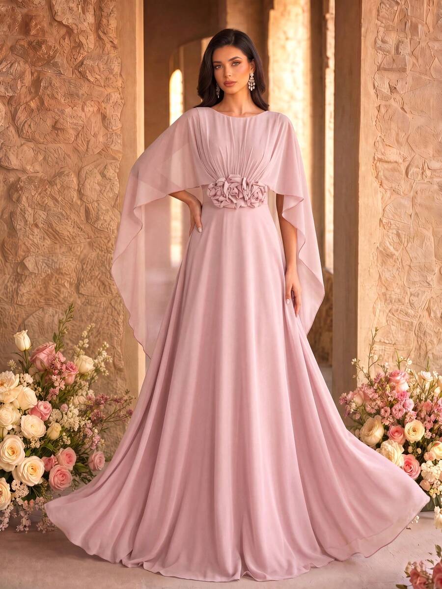 SUPGIR Đầm dạ hội nữ màu hồng bồng bềnh, cổ tròn, hở lưng, tay bồng, thêu hoa 3D thủ công, thích hợp cho đám cưới, tiệc tùng, dạ tiệc mùa xuân thanh lịch. - Hồng - Xem 1