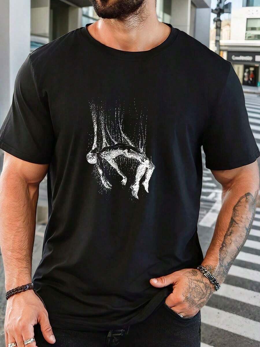 Men's Casual Short Sleeve T-Shirt - White With Graphic Figure Print Falls On Black, Breathable, Crew Neck, Regular Fit For Casual Wear, Comfortable Streetwear, Artistic Print T-Shirt, Easy Care Clothing, Non-See-Through Fabric RXWR - 黑色 - 查看 1