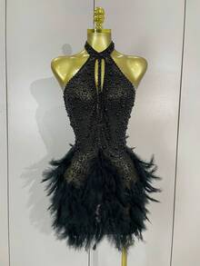 Vestido corto de lujo con diamantes de imitación y perlas para mujer, Vestido corto con espalda descubierta y cuello Halter, vestido para celebrar cumpleaños, disfraz de escenario para discoteca - Negro - Ver 4