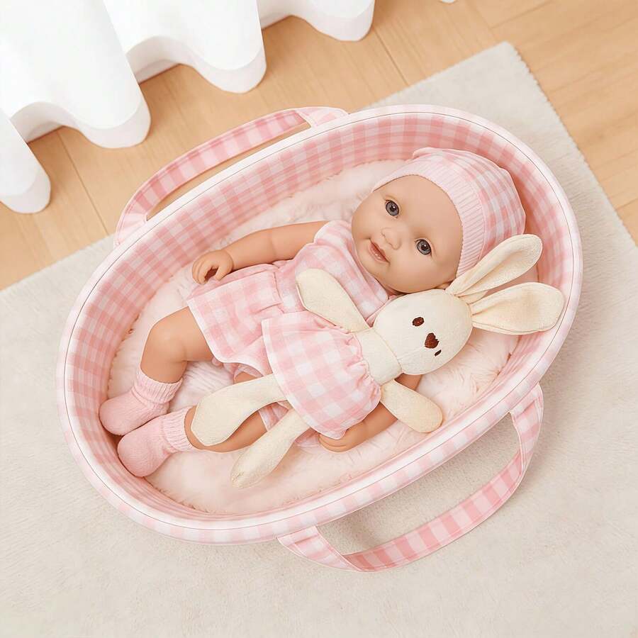 Exquisite Plaid Baby Cradle And Doll Set, Includes Portable Carrying Basket, Baby Doll, Clothes, Hat, Socks And Rabbit Doll - Perfect Birthday/Thanksgiving/Christmas Gift For Children - Multicolor - View 1