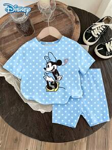 Disney 女童T恤套裝，夏季女嬰服飾，迪士尼新復古風，寬鬆落肩圓領藍色波點米妮鼠短袖 + 波點短褲，休閒日常出遊、度假、派對，適合3歲以下女童 - 淺藍色 - 查看 1