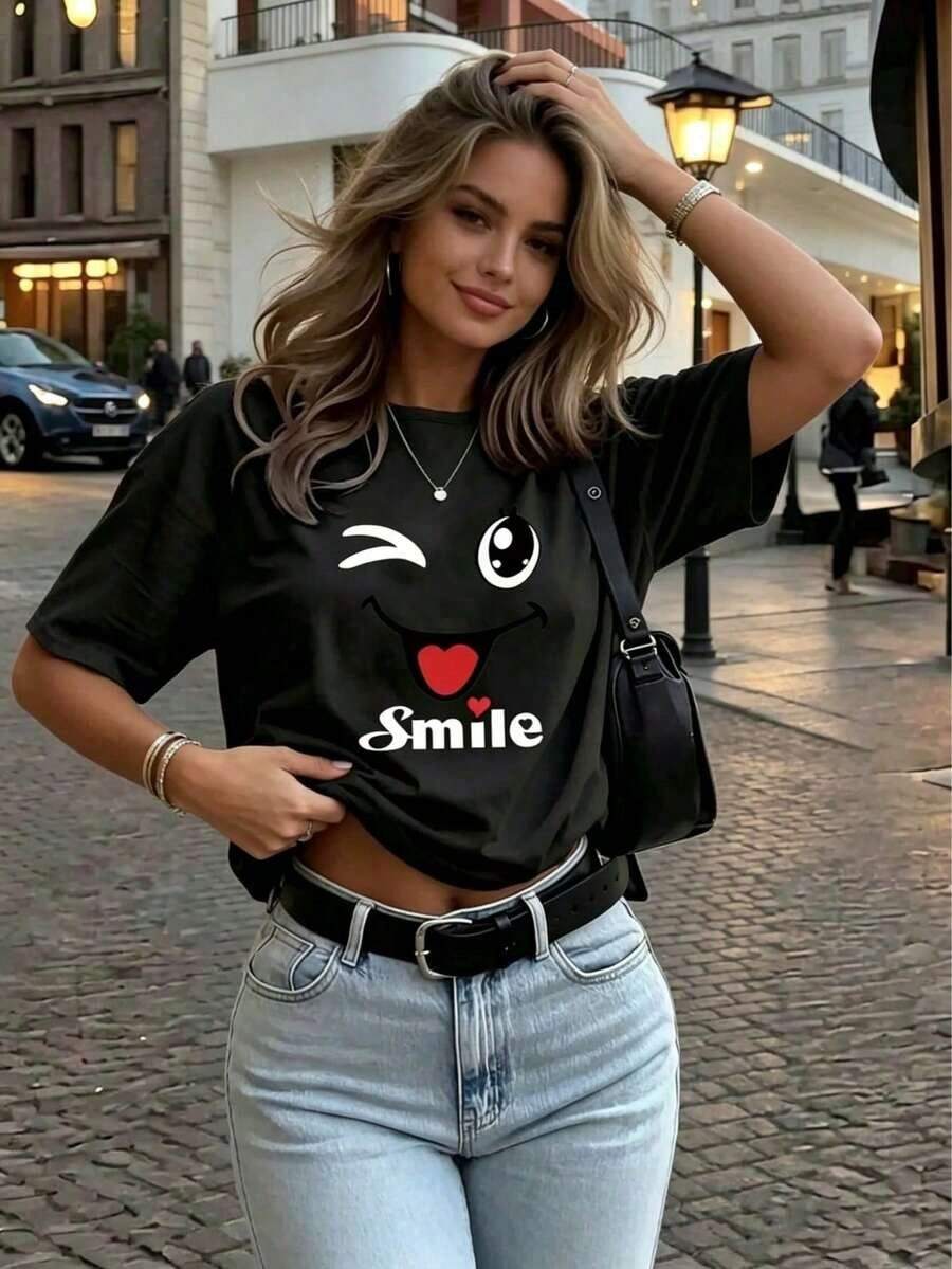 Unisex Size. Women's Short-Sleeved T-Shirt With Round Neck And Cartoon Print, Graphic Tee, Suitable For Summer, Autumn And Winter Looks. - Black - View 1