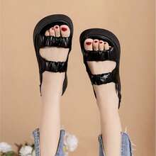 Retro Summer Student Sandals With Thick Skirts, Korean Mid-Heel Women's Roman Beach Sandals, Platform And Wedge Sandals For Women - 黑色 - 查看 4
