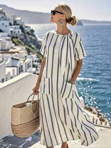 Vestido suelto con decoración de lazo a rayas gris y blanco, estilo casual de playa y vacaciones para mujer - Blanco - Ver 1