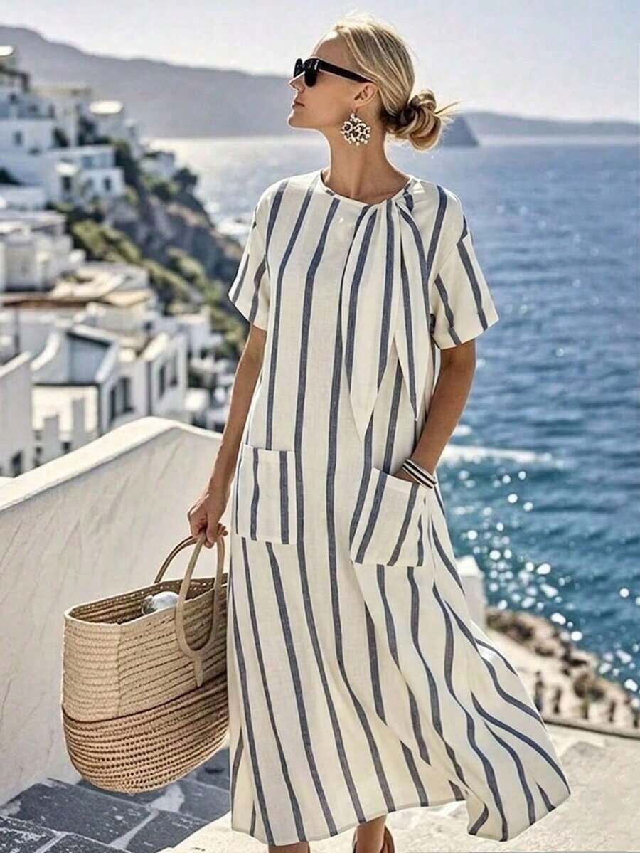 Vestido suelto con decoración de lazo a rayas gris y blanco, estilo casual de playa y vacaciones para mujer - Blanco - Ver 1