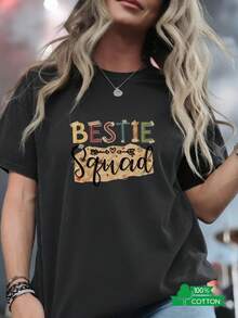 Women's Crew Neck T-Shirt With  2026 Anime And Letter Print, Simple Design, Comfortable And Breathable, Suitable For Sports, Casual And Everyday Wear, A Must-Have For Summer Parties, Local Shipping, BESTIE Letter Print T-Shirt. - 黑色 - 查看 1