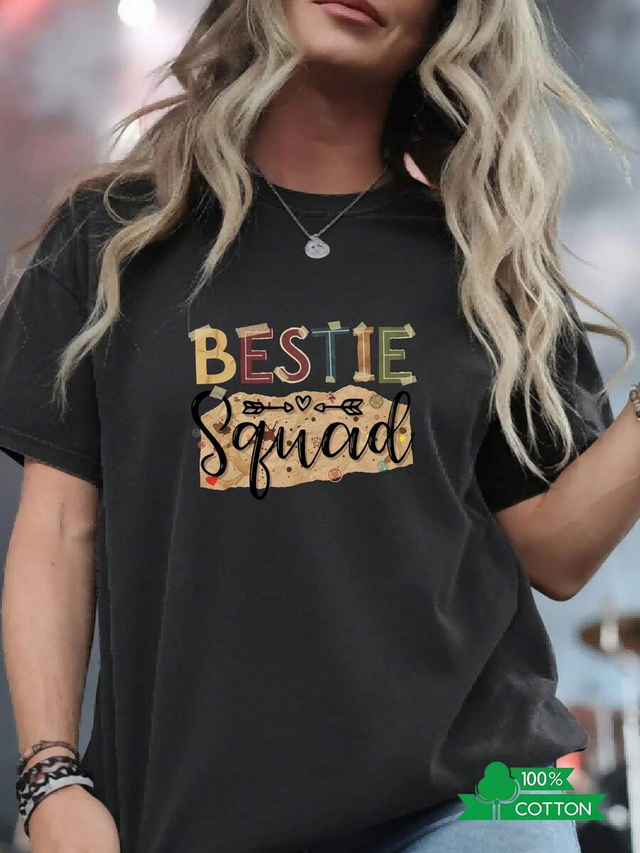 Women's Crew Neck T-Shirt With 2026 Anime And Letter Print, Simple Design, Comfortable And Breathable, Suitable For Sports, Casual And Everyday Wear, A Must-Have For Summer Parties, Local Shipping, BESTIE Letter Print T-Shirt. - 黑色 - 查看 1