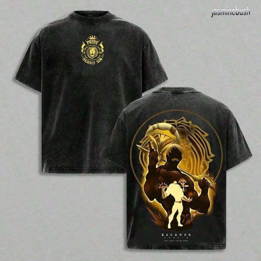 Oversized Seven Deadly Sins Escanor T-Shirt - "Who Decided That?" Pride Sin, Retro Graphic, Thick Cotton, Unisex, Anime Streetwear, Fan Gift, Going Out T-Shirt, 100% Pure Cotton, Anti-UV, Men's T-Shirt - 黑色 - 查看 1