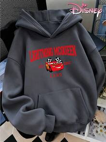 Disney Women's Loose-Fitting Hooded Sweatshirt With Lightning McQueen Print From Cars, Classic American Style, Comfortable And Versatile For Everyday Wear, Suitable For Various Occasions. - Dark Grey - View 4