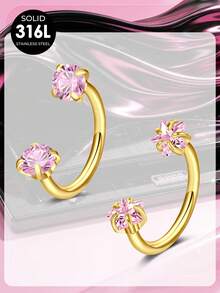2 Stück 18G Y2K Nasenringe aus 316L Edelstahl in Silber, Gold und Pink mit Stern und kubischem Zirkonia, Hufeisen-Nasenringe für Damen, Ohrringe, Ohrstecker, Lippenringe, Knorpel- und Ohrläppchen-Ohrringe für Herren, doppelt besetzte Spiral-Nasenringe, Piercing-Schmuck - Hufeisenform - Übersicht 6