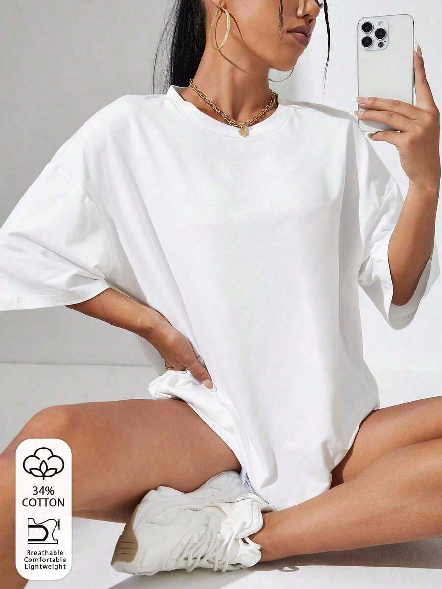 Sundraya Crew Neck Drop Shoulder T-Shirt - White 4 - View 1