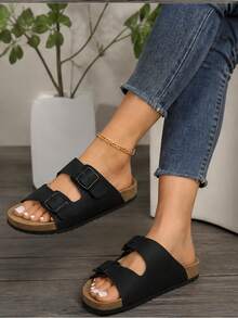 女款極簡露跟舒適度假風 Birkenstocks 風格平底穆勒涼鞋，米色，夏季鞋 - 黑色 - 查看 11
