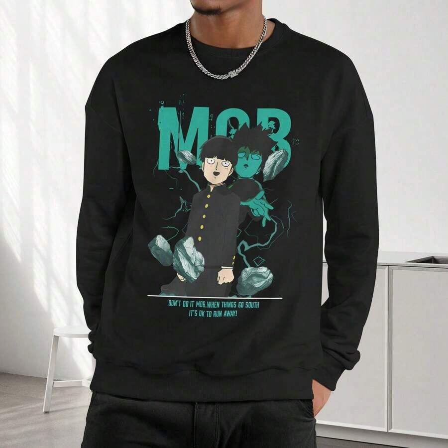 Men's Long-Sleeved Crew Neck Sweatshirt, Mob Psycho 100 Brand, 300 G/M², Polyester And Cotton Blend, With Heat Transfer Print, Casual Style, Soft To The Touch, Wear-Resistant, Anti-Deformation, Versatile, Ideal For Spring, Autumn And Winter, For Daily Use, Lounging And Travel, Without Pocket. - 白色 - 查看 1