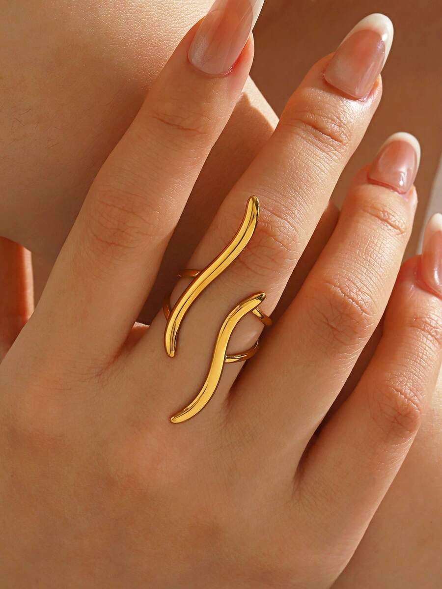 1pc Stainless Steel 18K Gold Plated Minimalist Wave Line Ring, Suitable For Women's Daily Wear And Parties - Multicolor - View 1