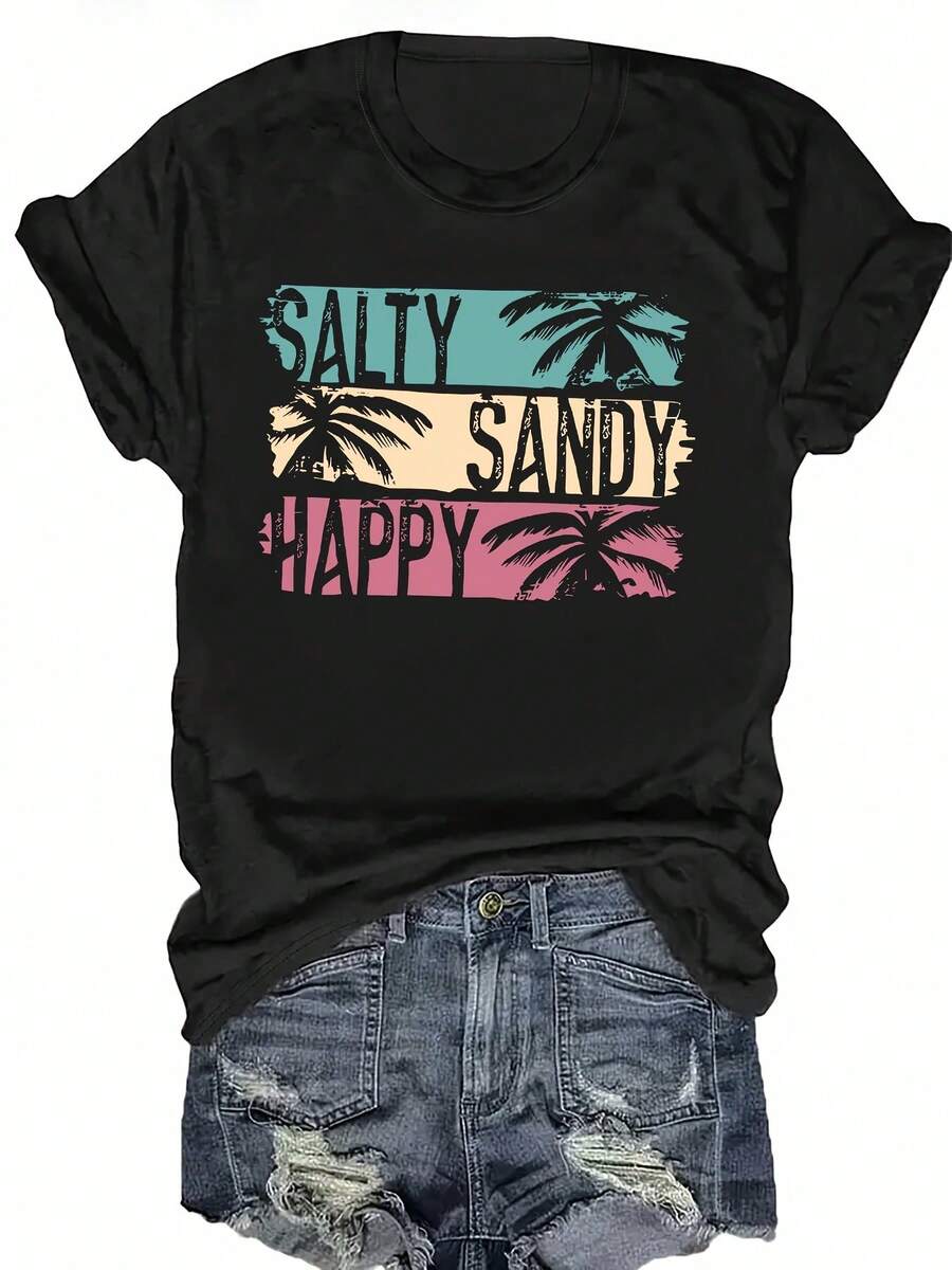 New Summer 2025 Collection, Women's Short Sleeve Top, Casual With Print And Round Neck, Elegant - Black - View 1