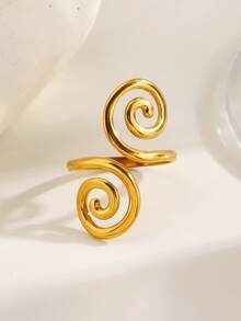 1pc Minimalist 18K Gold Plated Stainless Steel Spiral Ring, Suitable For Women's Summer Vacation Wear - Multicolor - View 2