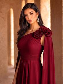 SUPGIR Asymmetric Neck Flower Decor Maxi Ruffle Waist Long Chiffon Dress, Bridesmaid Dress Wedding Spring - Burgundy - View 5