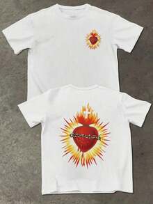 Women's T-Shirt With A Double-Sided Print Of A Heart With A Crown Of Thorns And A Burning Cross. Unique And Modern Design, 100% Cotton, Ideal For Any Occasion. Y2K Style Activewear, Crew Neck, 100% Cotton, Soft Fabric, Short Sleeves. - 白色的 - 查看 7