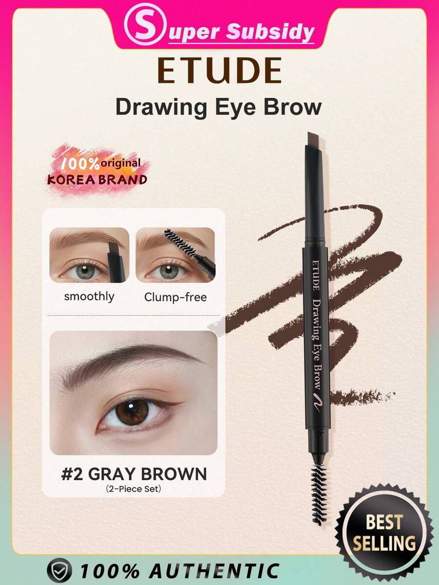 ETUDE Drawing Eye Brow 02 灰棕色 3入組 三角精準筆尖，打造自然毛髮感線條，防暈染防水，持久粉質觸感，可疊加顯色，適合定義柔和眉毛，韓國彩妝，節日 K-Beauty 禮物，0.25g