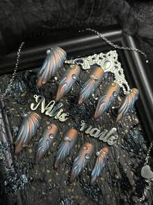 10pcs Stiletto Hand Made Press On Nails Acrylic Nail Kit, Gray Nails, Blue Cat Eyes, Matte Finish, Long Nails, Cool Futuristic Feel, Mysterious High-End Texture, Y2k Nails, (Includes: A Piece Of Jelly Glue And A Friction Strip) Nail Stuff Handmade Press On Nails - Grey - View 3