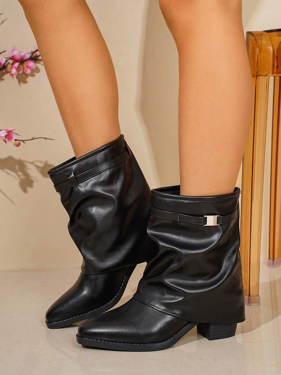 1 Pair Popular Folded Pleated Boots Fashion Buckle Flat Comfortable Solid Color Western Style Casual Microfiber Leather Mid-Calf Boots For Holiday Party Autumn Winter - Black - View 1