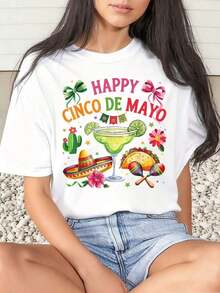 Women's Happy Cinco De Mayo Margarita Cactus Sombrero Taco Maracas Floral Print T-Shirt For Fiesta Celebration Mexican Theme Party 220g Basic Blouses For Women - 白色 - 查看 1
