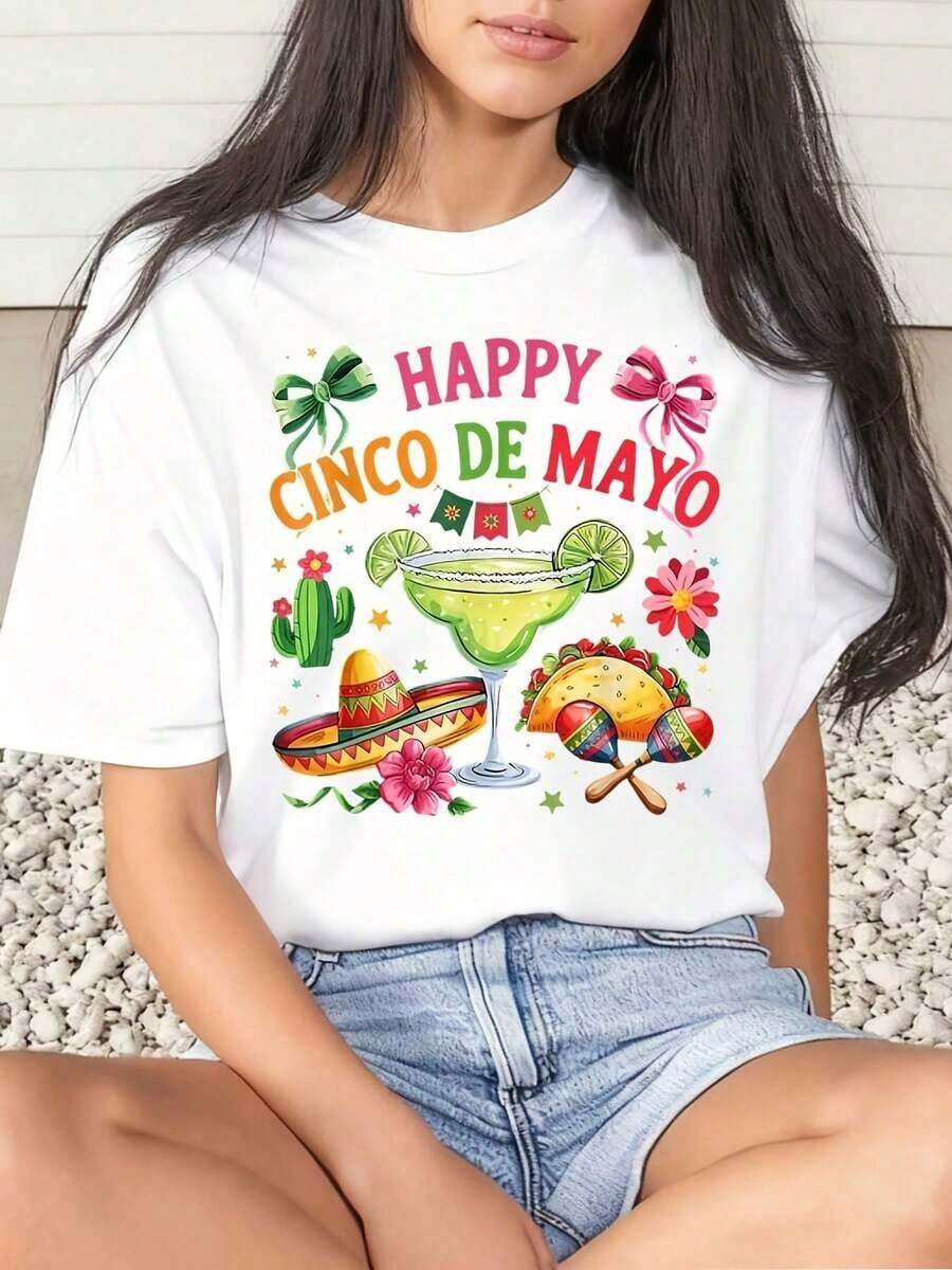 Women's Happy Cinco De Mayo Margarita Cactus Sombrero Taco Maracas Floral Print T-Shirt For Fiesta Celebration Mexican Theme Party 220g Basic Blouses For Women - 白色 - 查看 1