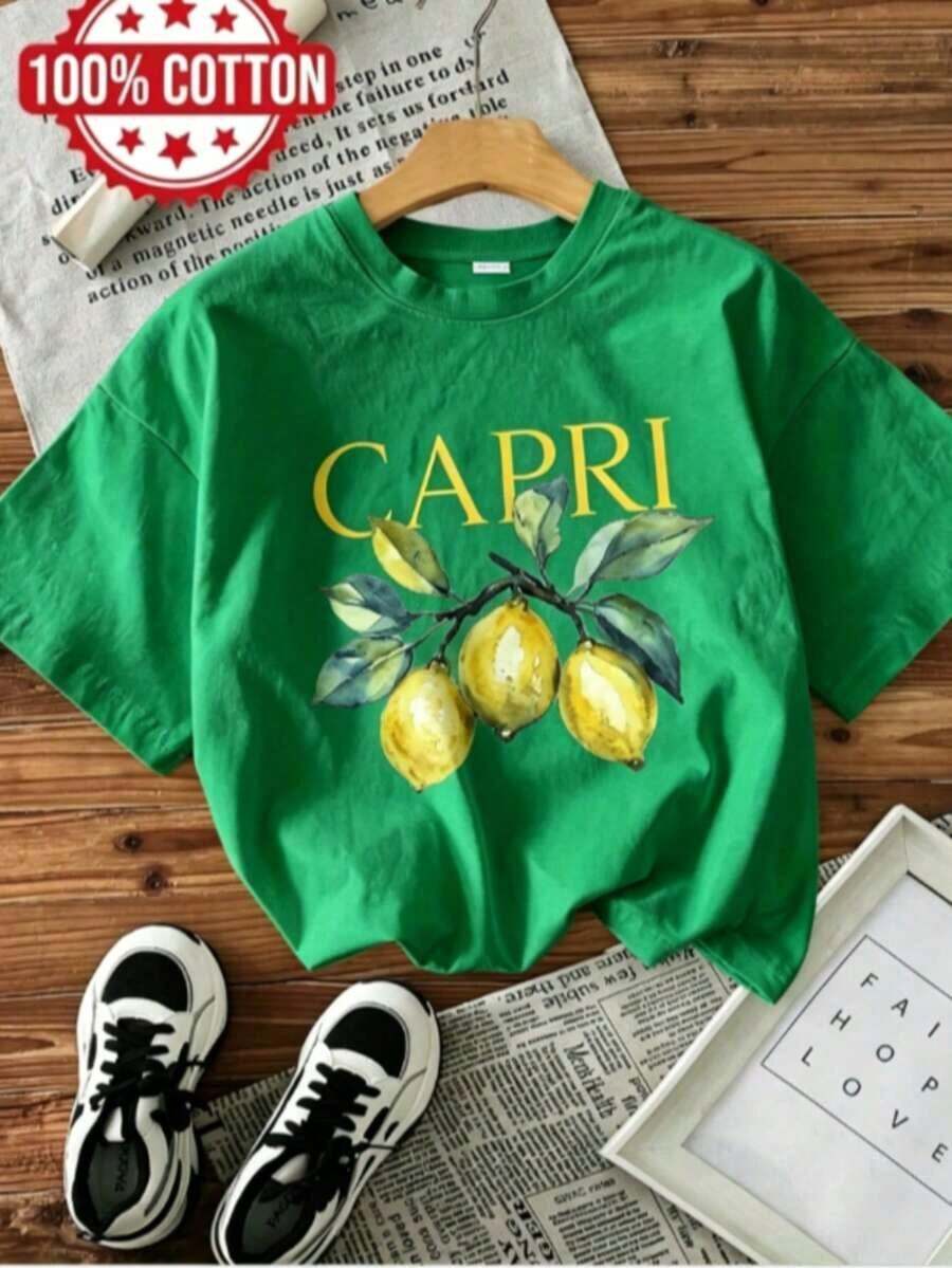 Fashion Fashion Fashion NEW | 1 Women's T-Shirt 100% Breathable Cotton | Short Sleeve Crew Neck T-Shirt With Fresh Lemon Print - Ideal For Summer - Vintage Street Style Unisex Loose Cotton Short Sleeve Crew Neck T-Shirt - 綠色 - 查看 1