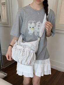 Black Polka Dot Drawstring Bow Decor Ruffle Cloud Shoulder Bag, Large Capacity Crossbody Bag For Women - White - View 7